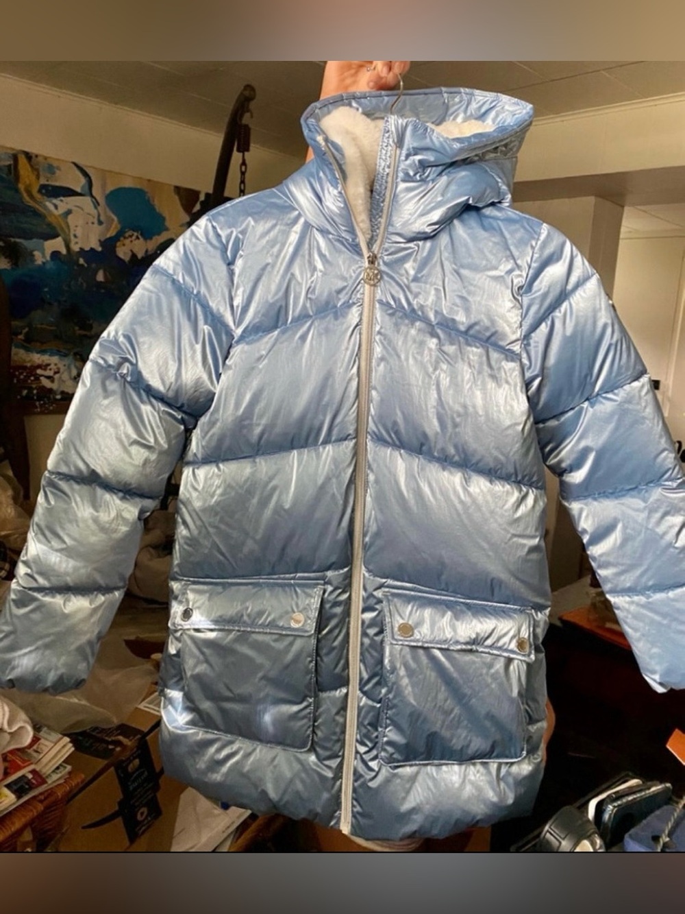 MICHAEL Michael Kors Shiny Light Blue Hooded Puffer Jacket